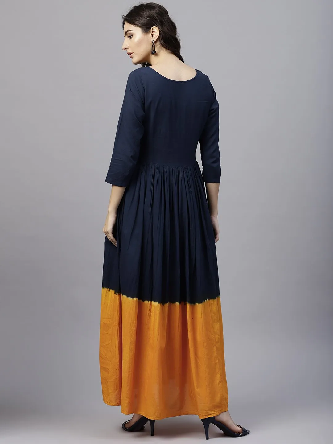 Navy Blue And Orange Ombre Dyed Maxi Dress With Round Neck And 3/4 Sleeves