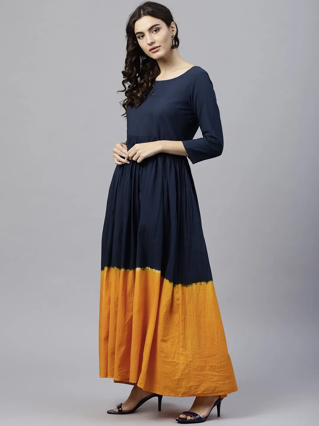 Navy Blue And Orange Ombre Dyed Maxi Dress With Round Neck And 3/4 Sleeves