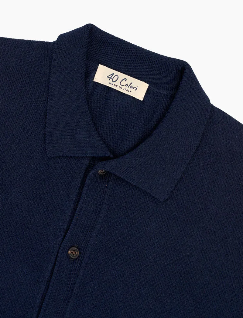 Navy Cotton, Cashmere & Silk Long Sleeve Knit Cardigan Polo