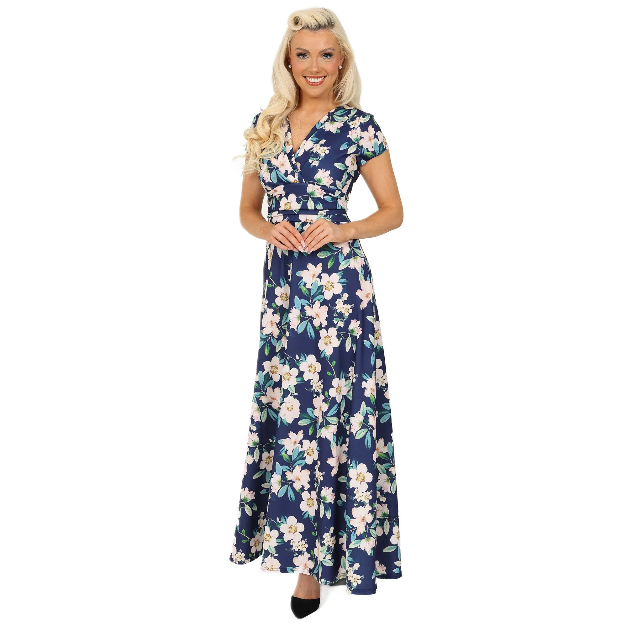 Navy Floral Print Cap Sleeve Wrapover Maxi Dress