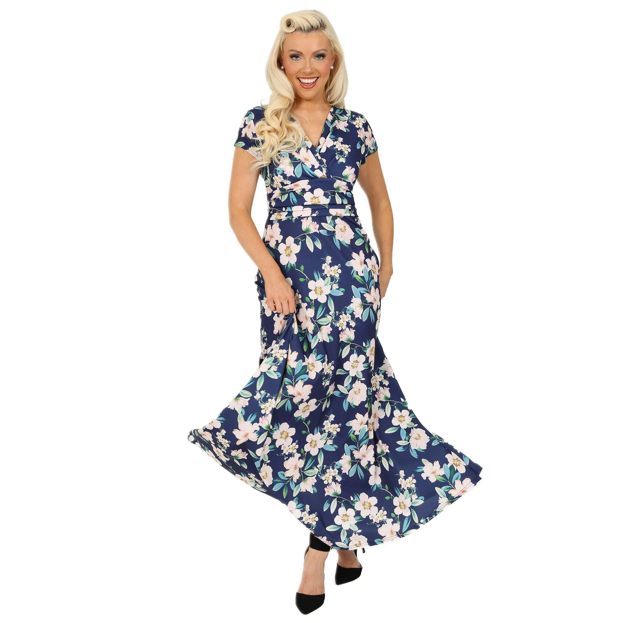 Navy Floral Print Cap Sleeve Wrapover Maxi Dress