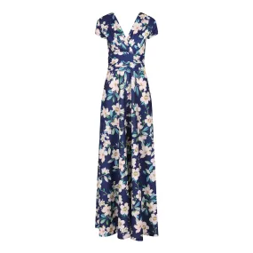 Navy Floral Print Cap Sleeve Wrapover Maxi Dress