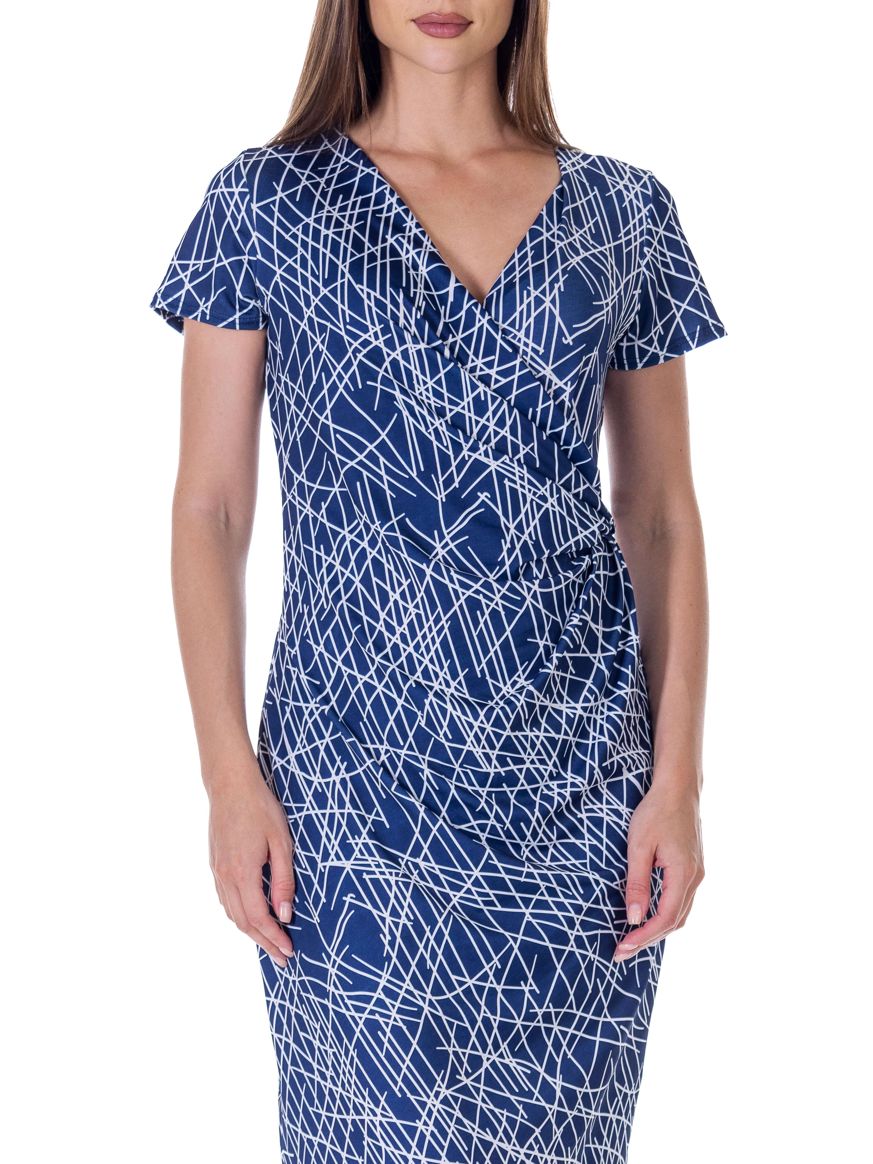 Navy Geometric Print Knee Length Short Sleeve Faux Wrap Dress