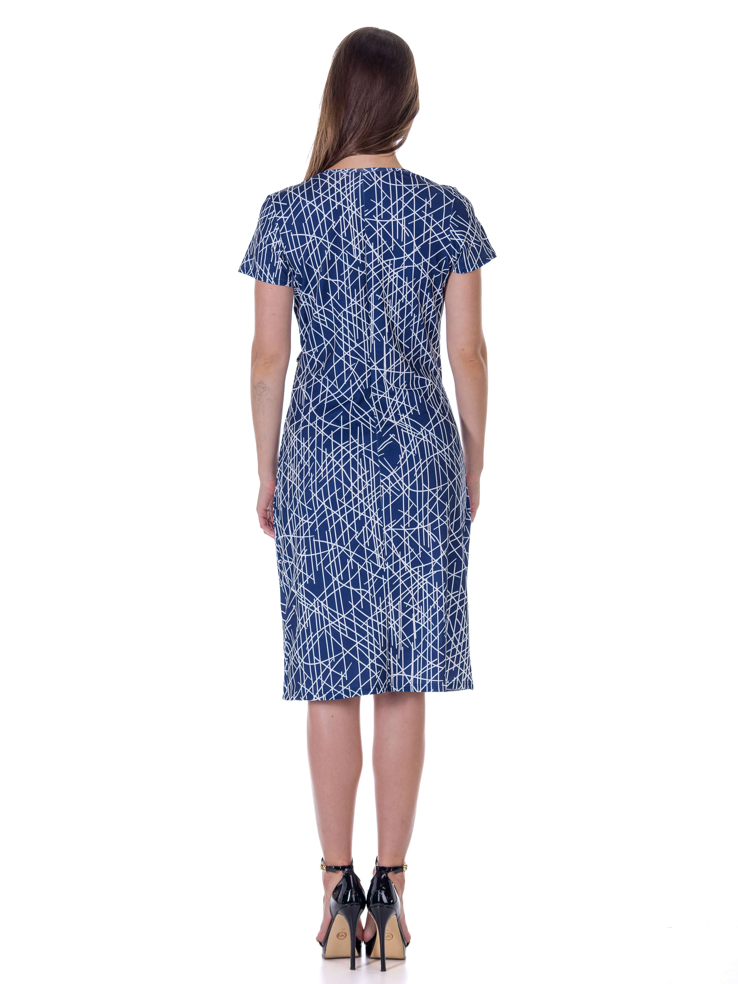 Navy Geometric Print Knee Length Short Sleeve Faux Wrap Dress