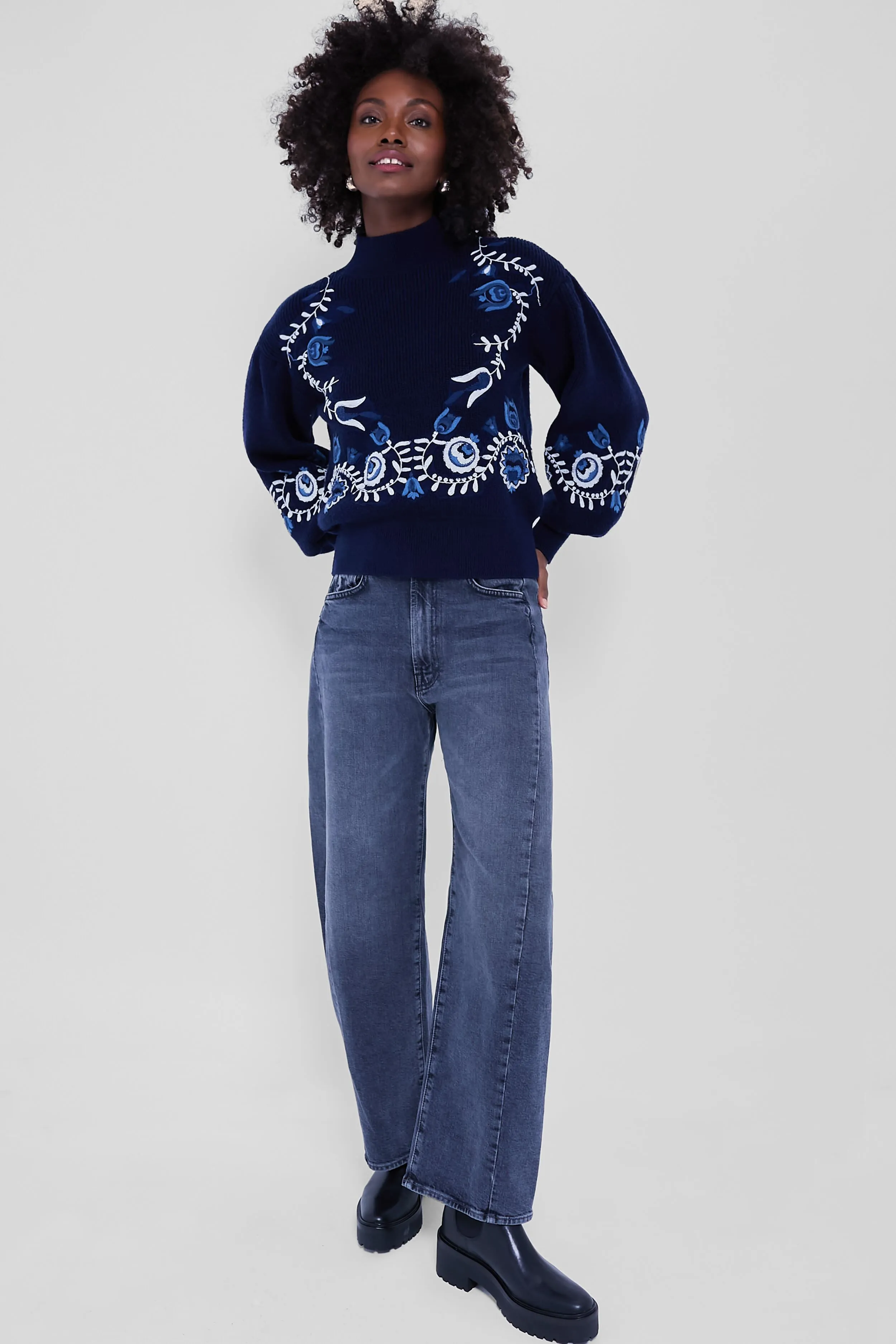 Navy Inga Embroidery Longsleeve High Neck Sweater