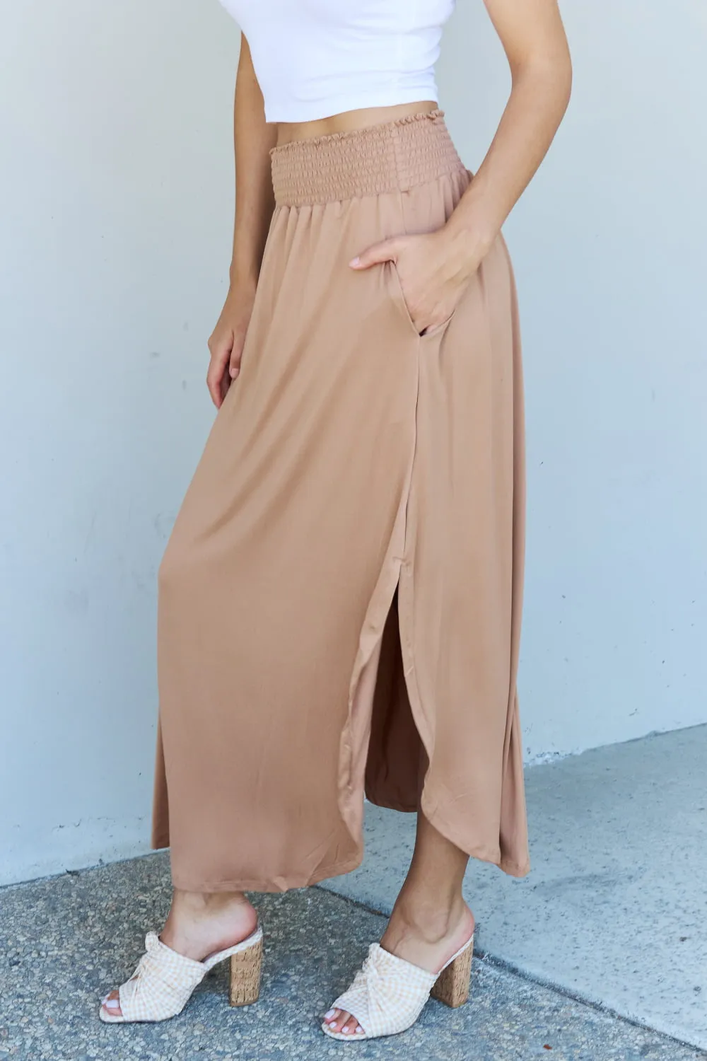 Ninexis Comfort Princess Full Size High Waist Scoop Hem Maxi Skirt in Tan