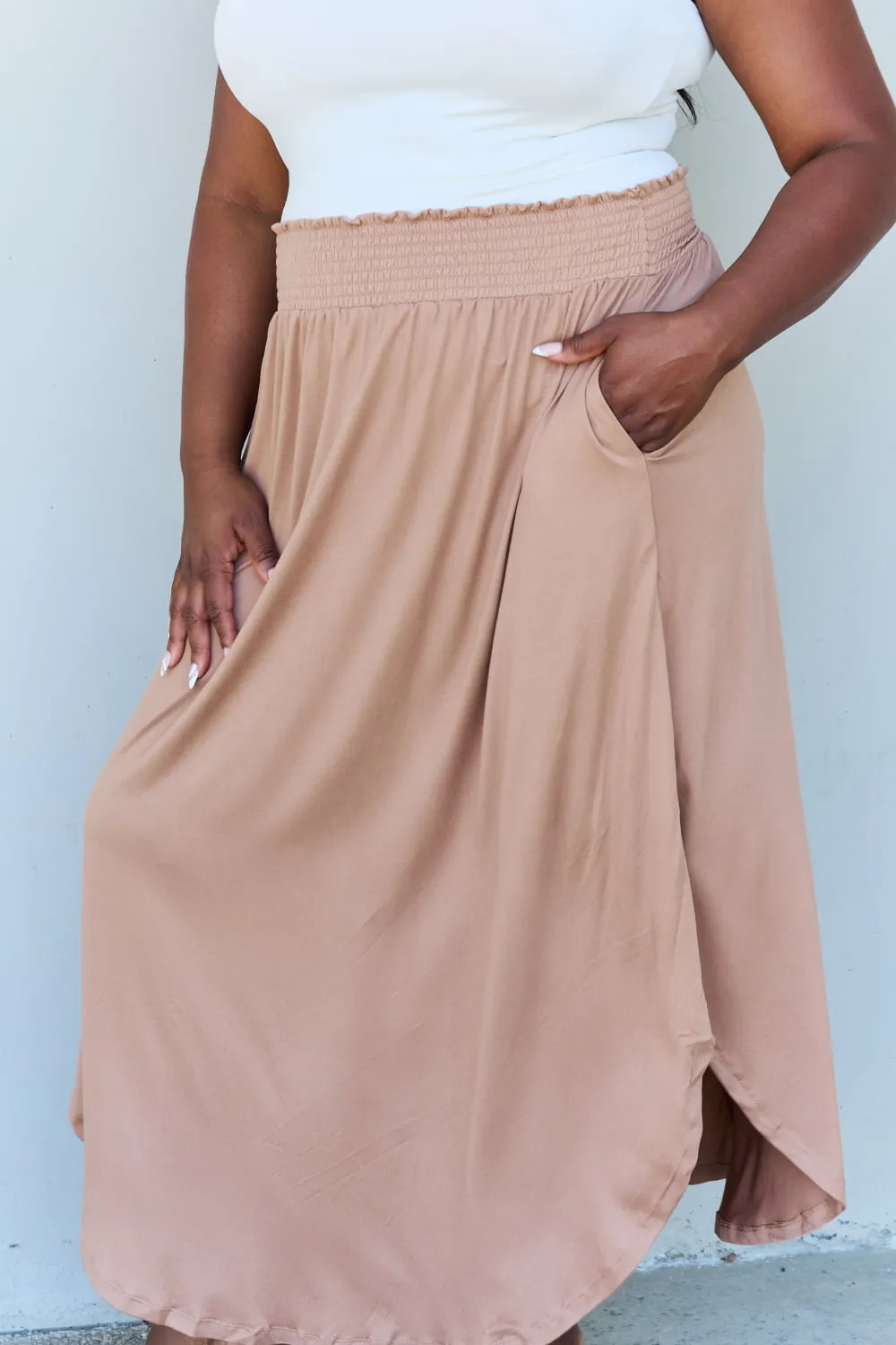 Ninexis Comfort Princess Full Size High Waist Scoop Hem Maxi Skirt in Tan