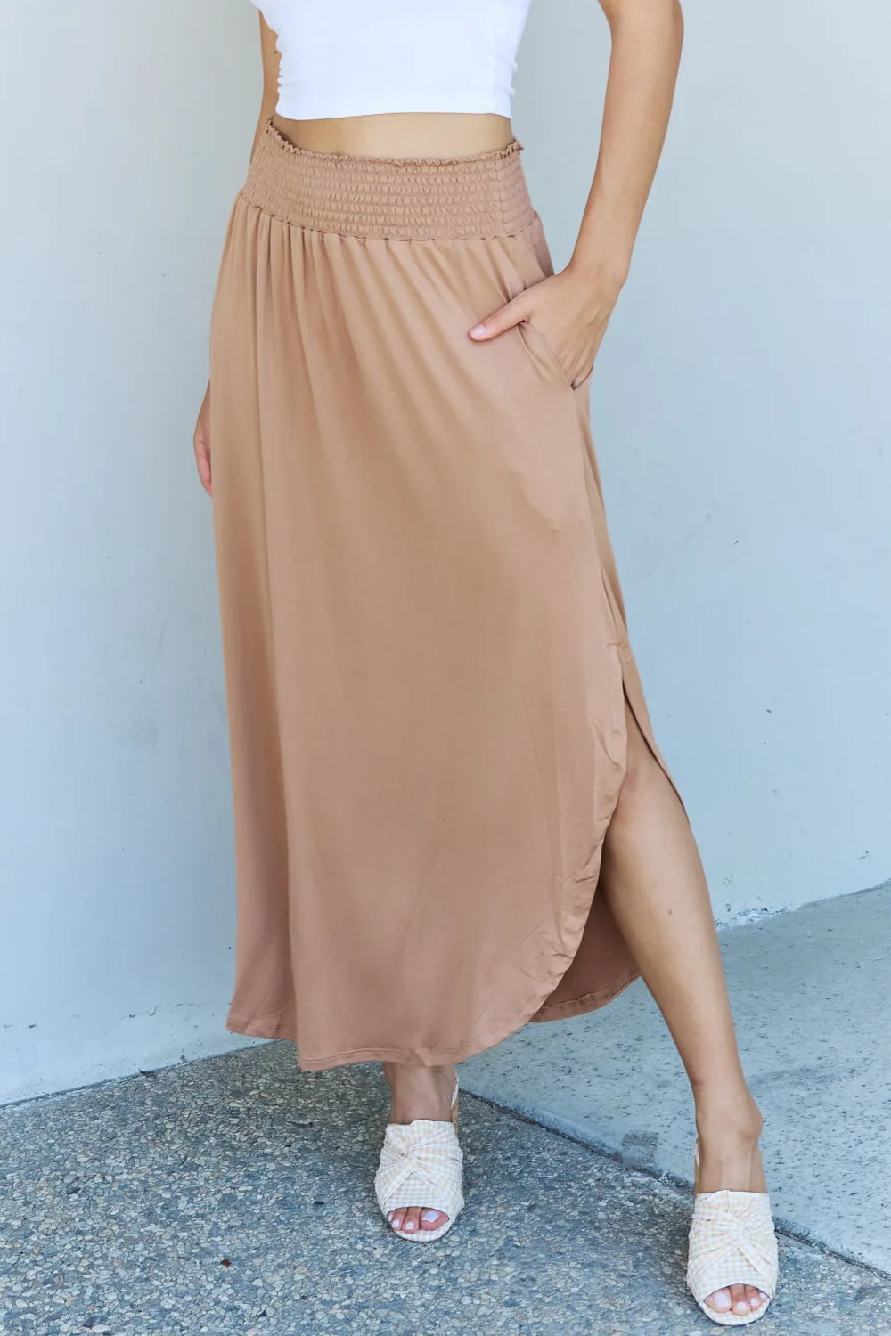 Ninexis Comfort Princess Full Size High Waist Scoop Hem Maxi Skirt in Tan