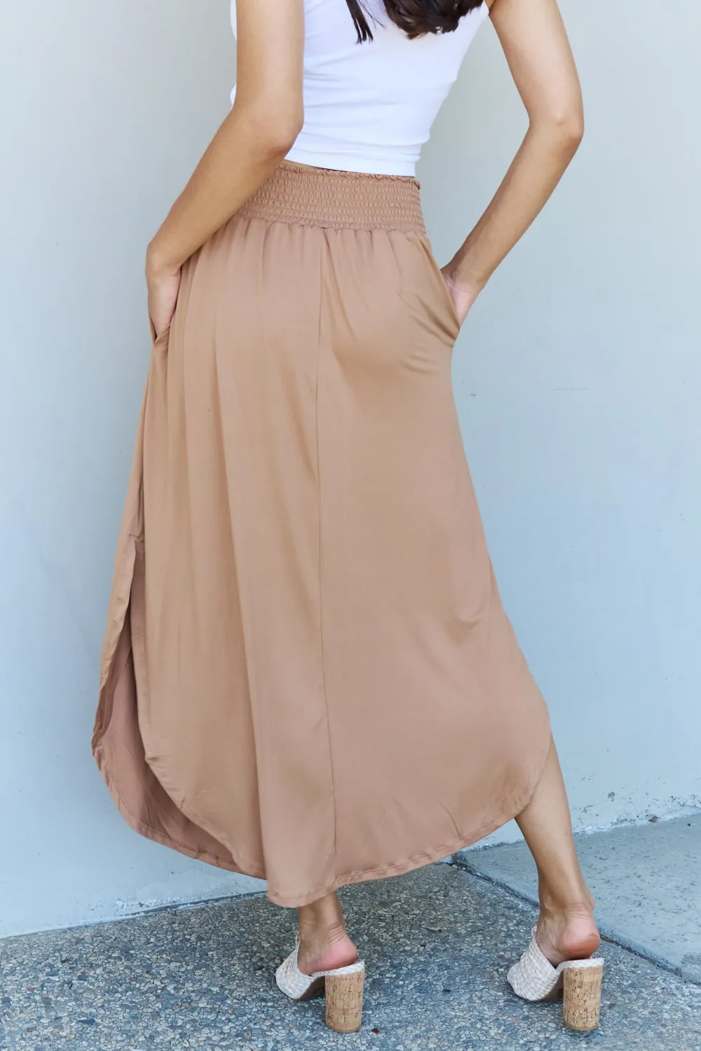 Ninexis Comfort Princess Full Size High Waist Scoop Hem Maxi Skirt in Tan