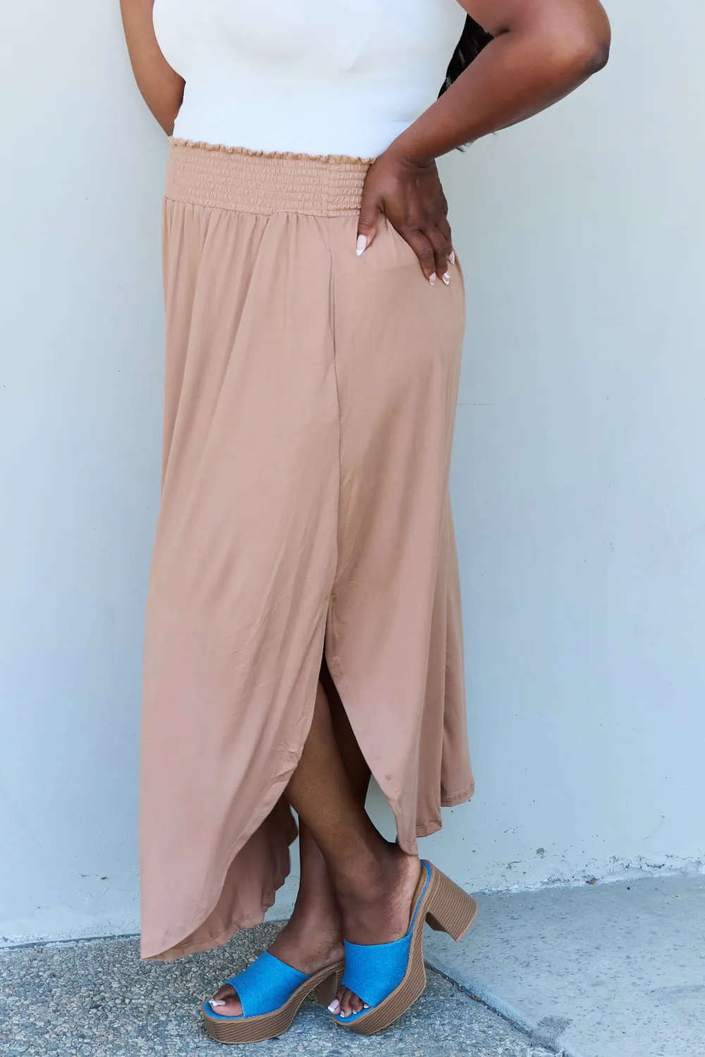 Ninexis Comfort Princess Full Size High Waist Scoop Hem Maxi Skirt in Tan