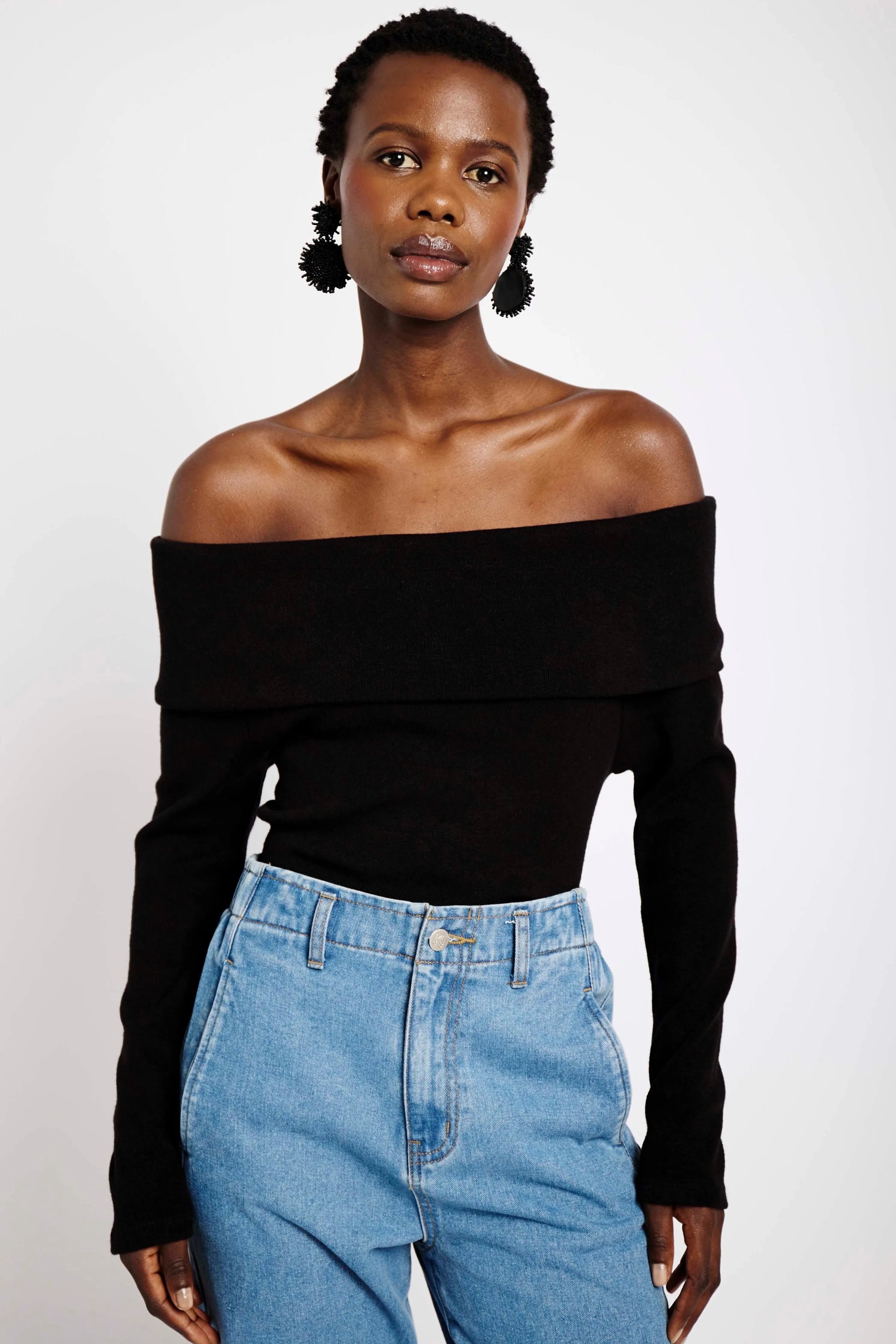 Off the Shoulder Knit Top in Black