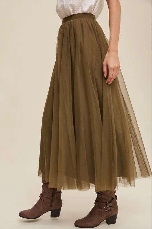 Olive Elastic Waist Maxi Tulle Skirt