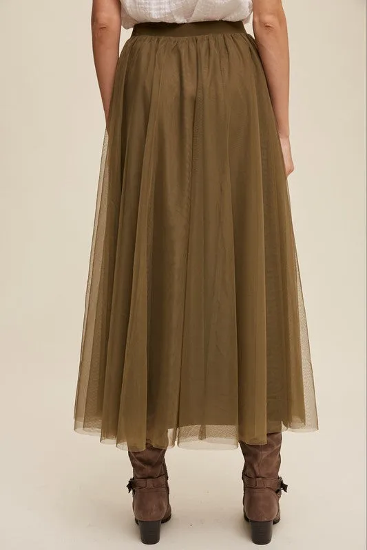 Olive Elastic Waist Maxi Tulle Skirt