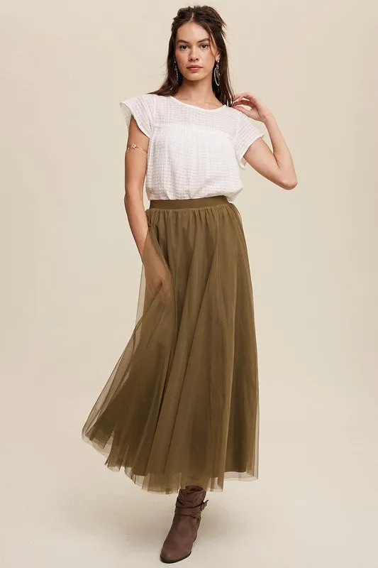 Olive Elastic Waist Maxi Tulle Skirt