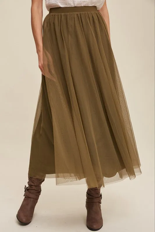 Olive Elastic Waist Maxi Tulle Skirt