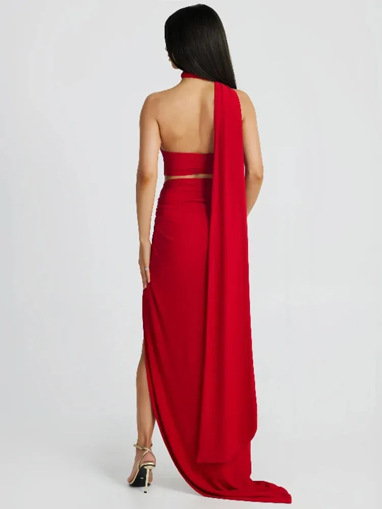 One Shoulder Elegant Long High Split Halter Backless Spring Summer Maxi Dress