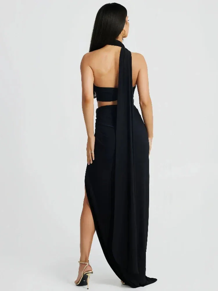 One Shoulder Elegant Long High Split Halter Backless Spring Summer Maxi Dress