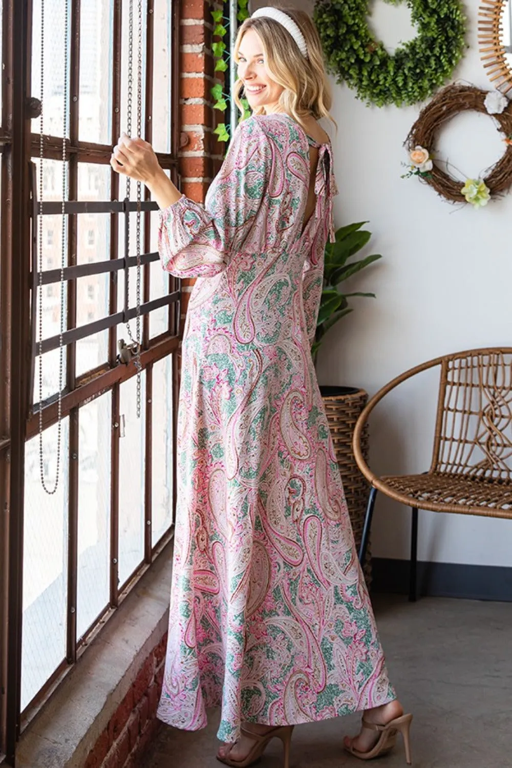 Paisley Print Tie-Back Long Sleeve Maxi Dress