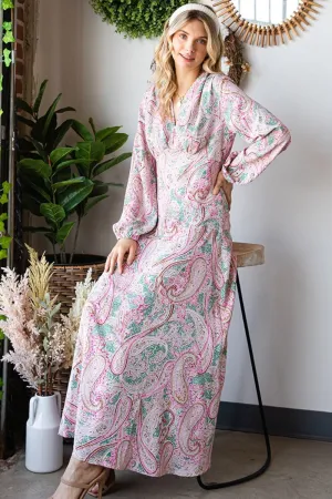 Paisley Print Tie-Back Long Sleeve Maxi Dress