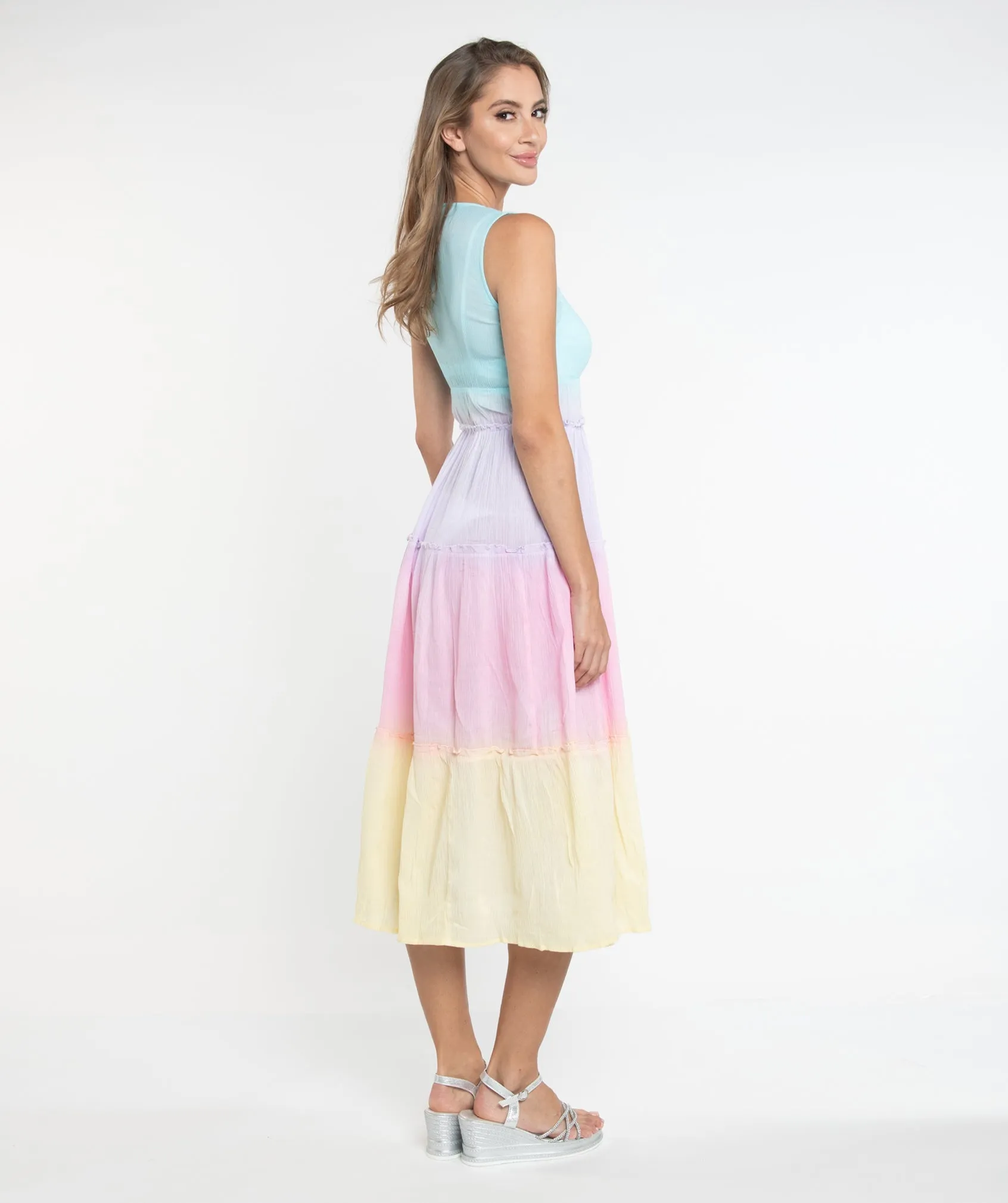 Pastel Crinkle Maxi Dress with Rainbow Ombre Print