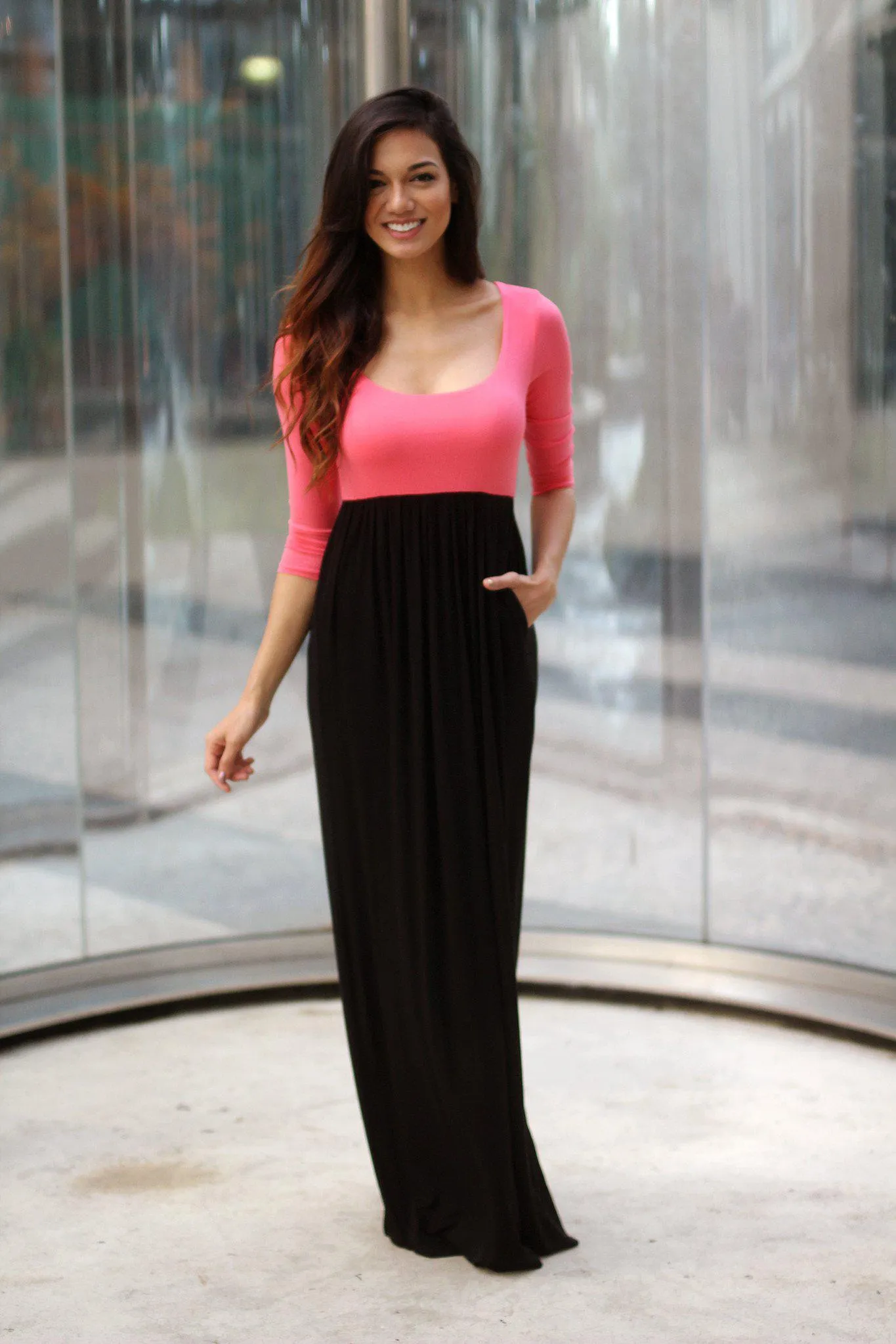 Pink And Black Maxi Dress With 3/4 Sleeves