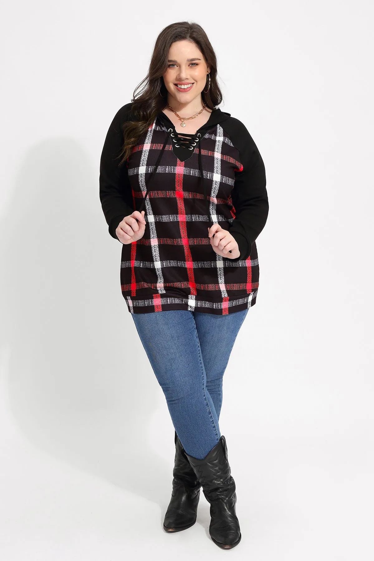 Plaid Raglan Drawstring V-neck Pullover Hoodie