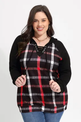 Plaid Raglan Drawstring V-neck Pullover Hoodie