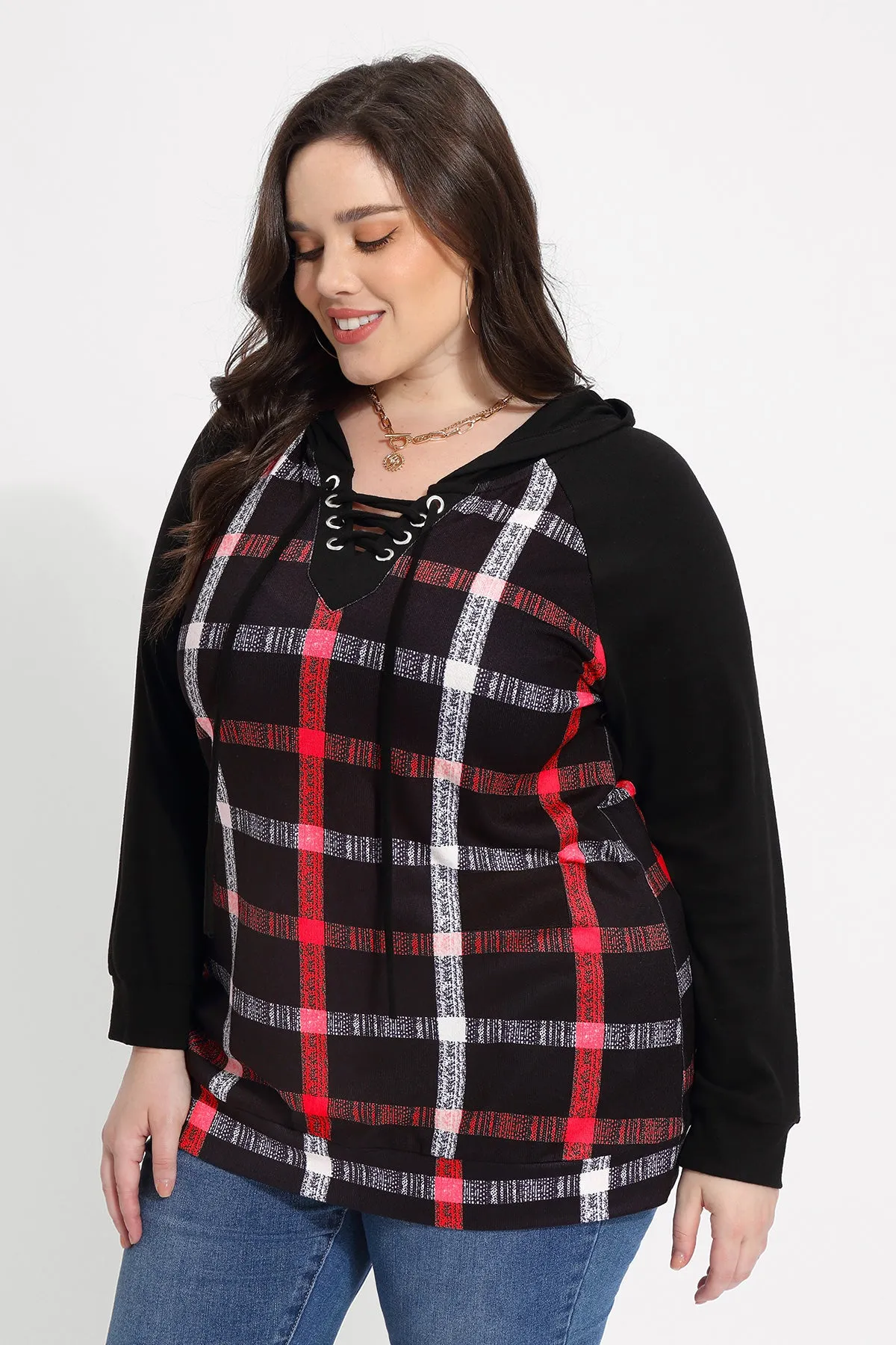 Plaid Raglan Drawstring V-neck Pullover Hoodie