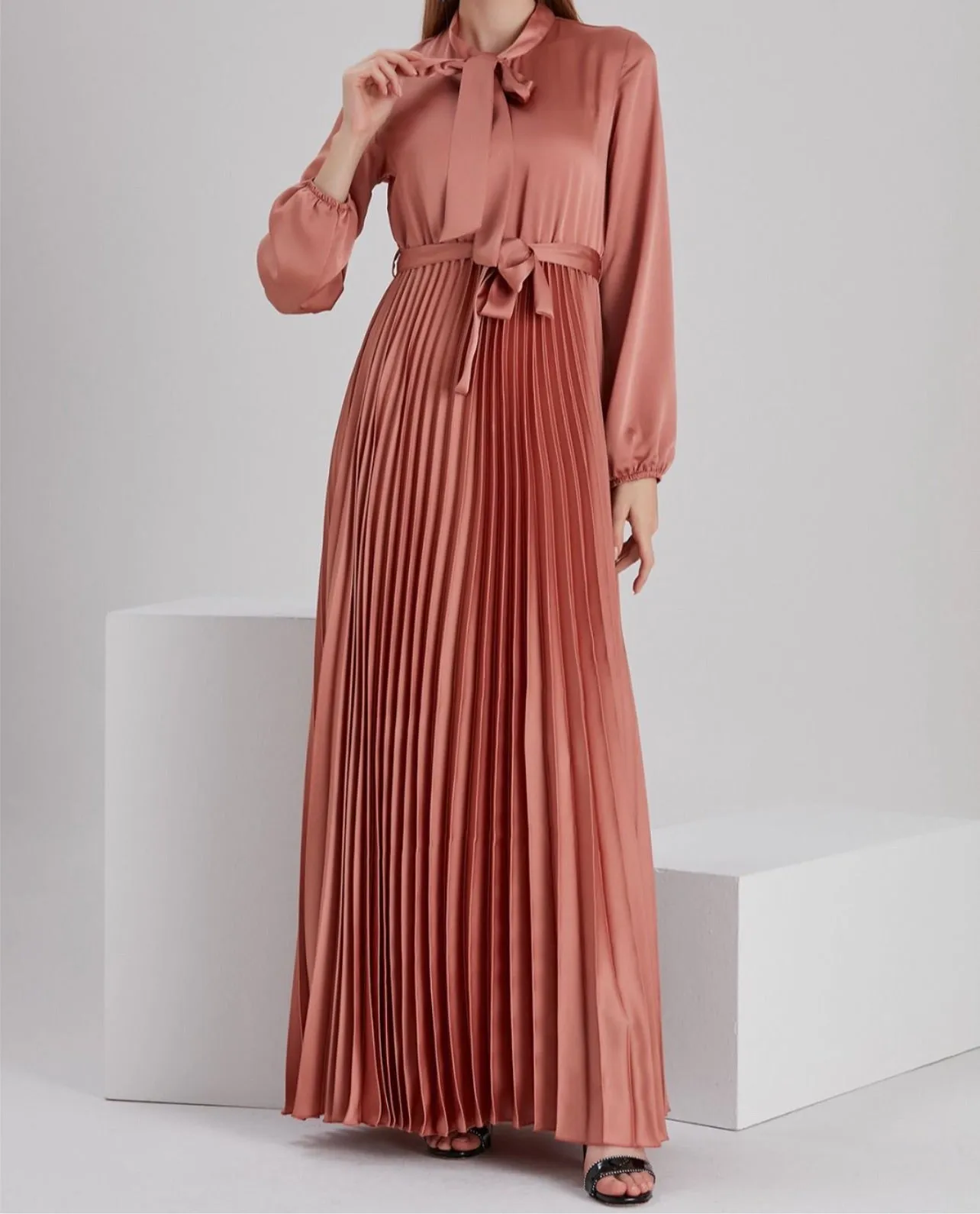 Pleated Satin Dress - Peach