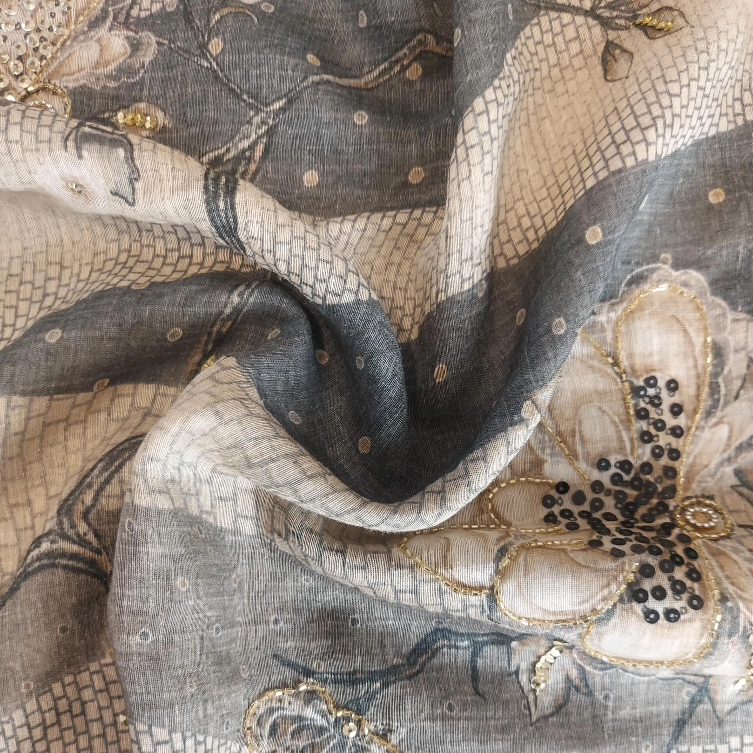 Premium Green and Cream Embroidery Floral Print Linen Organza Fabric