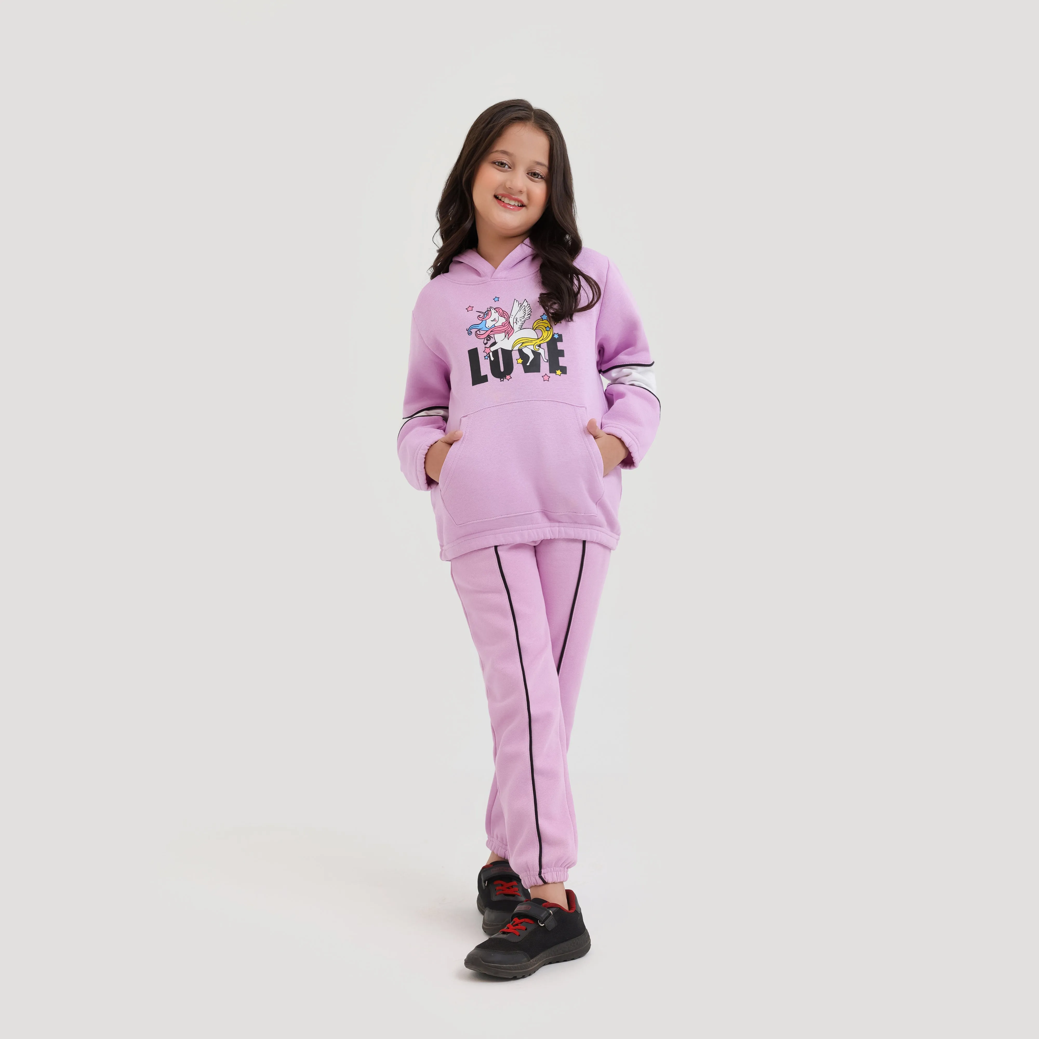 Premium Quality Purple Printed Fleece pullover Track Suit For Girls