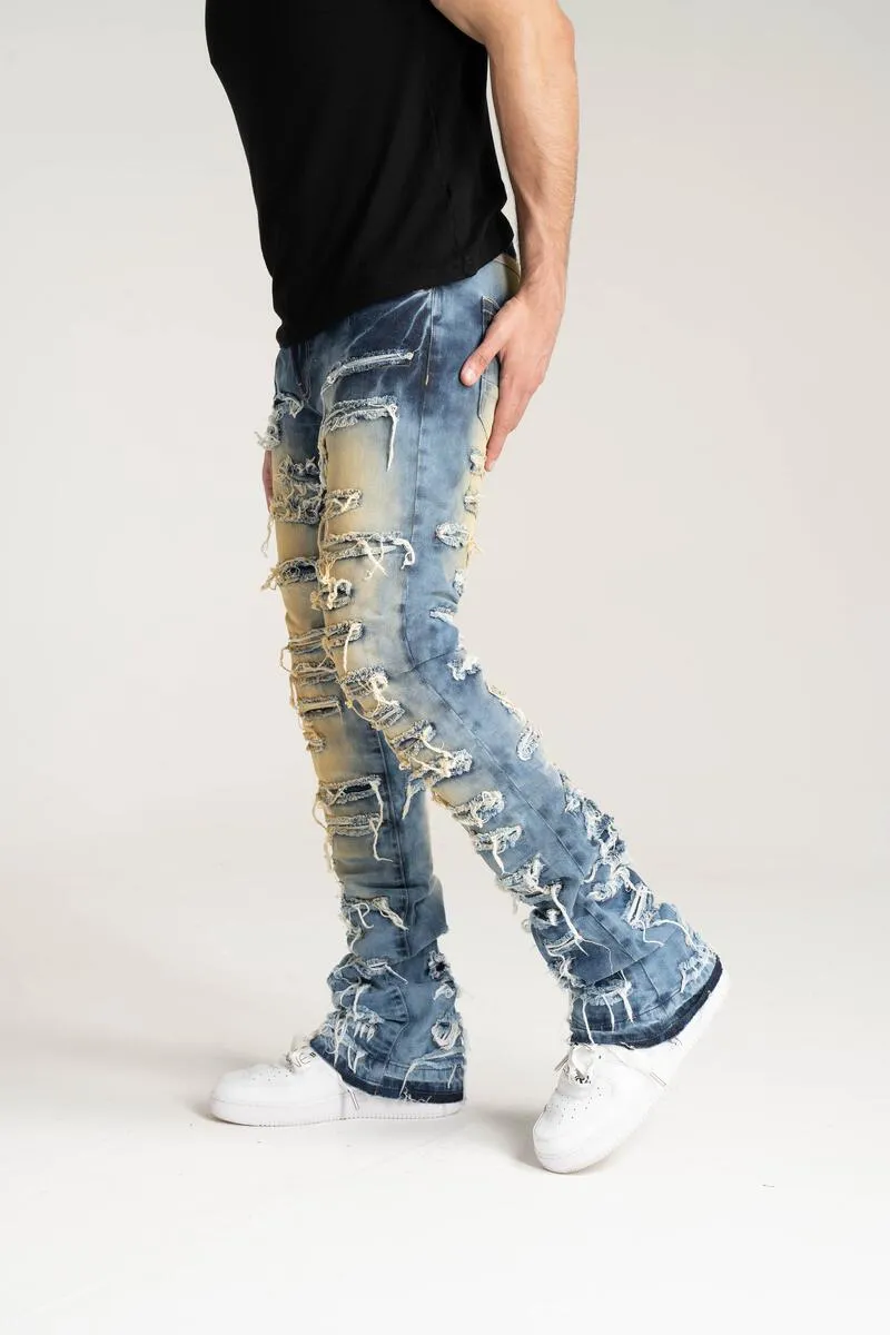 PREMIUM QUALITY STACK JEANS WITH MULTI RIP & REPAIR