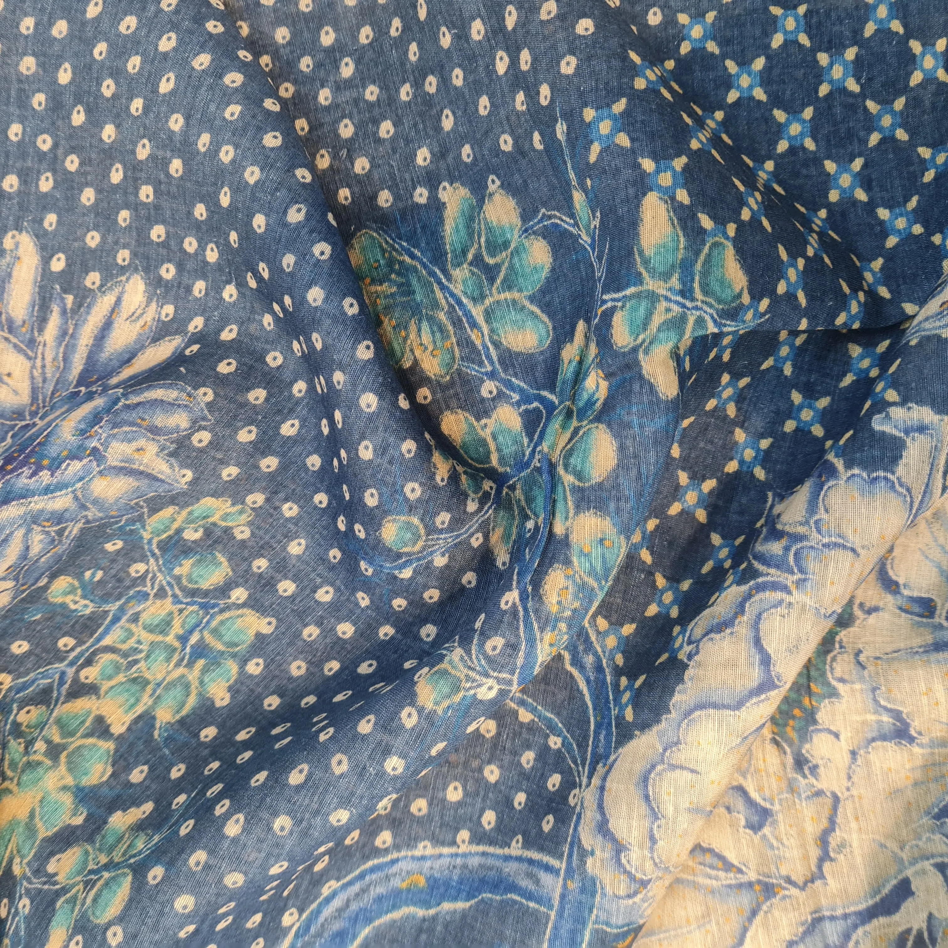 Primium Blue Floral Print Linen Organza Fabric