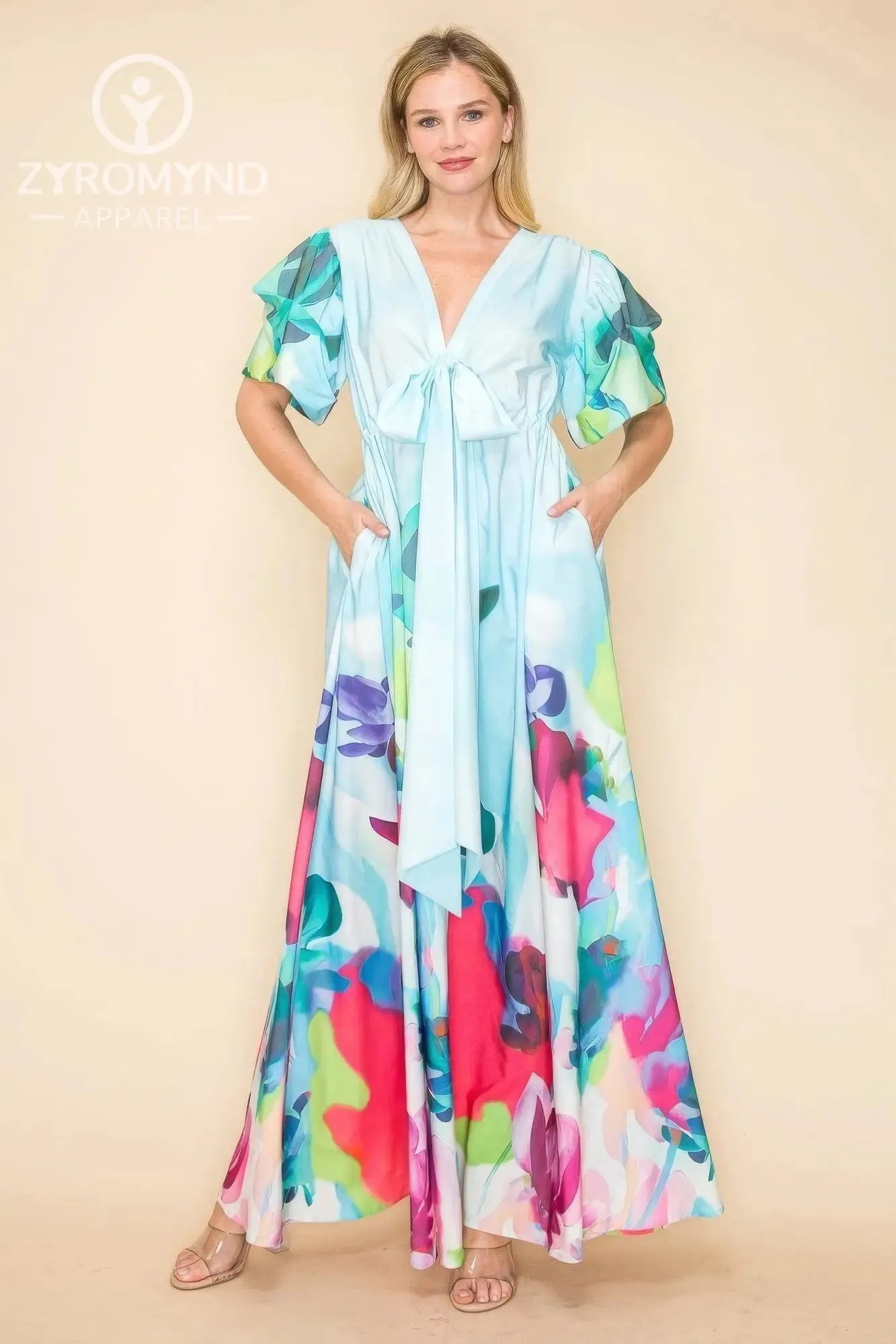 Printed V Neck Maxi Dress