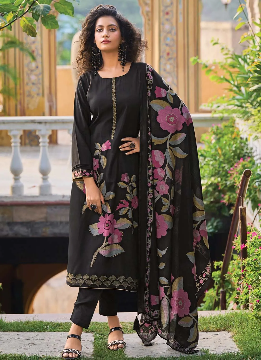 Pure Muslin Unstitched Black Printed Women Salwar Suit Dress Material