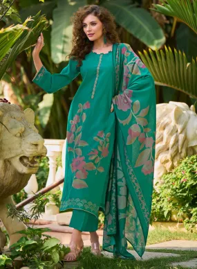 Pure Muslin Unstitched Teal Printed Women Salwar Suit Dress Material