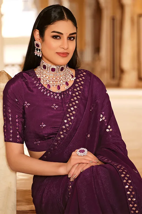 Purple Chinon Thread With Sequins Work Saree