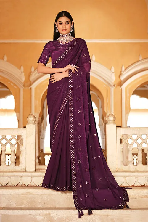 Purple Chinon Thread With Sequins Work Saree