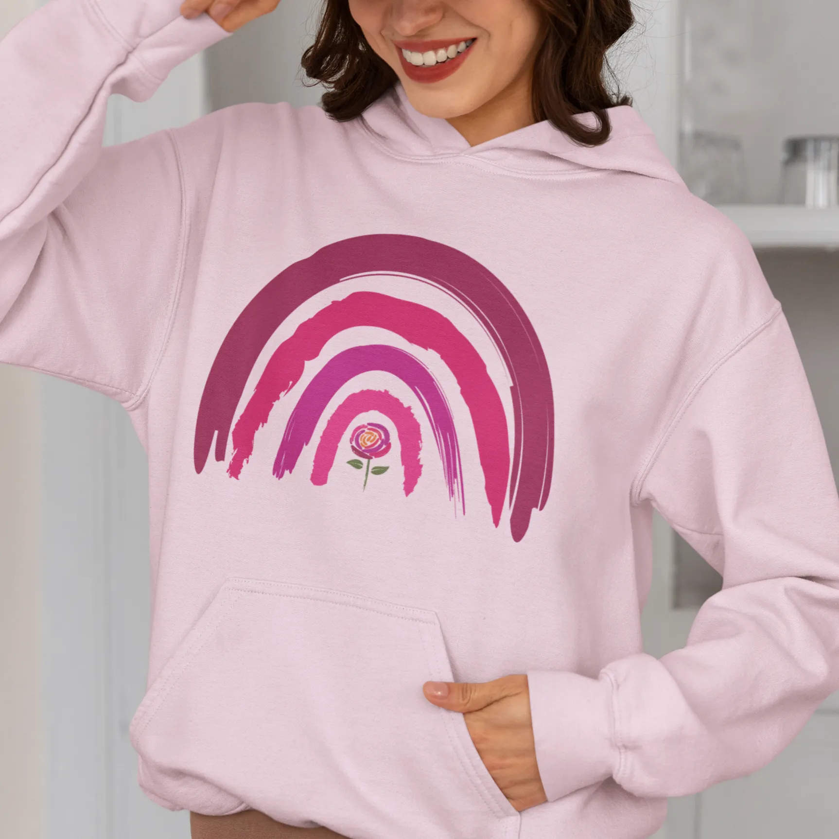 Rainbow Flower Hoodie, Hand-Painted Style Hoodie, Minimalist Design, Pink Purple, Casual Wear, Valentine's Day Gift, Gift for Her