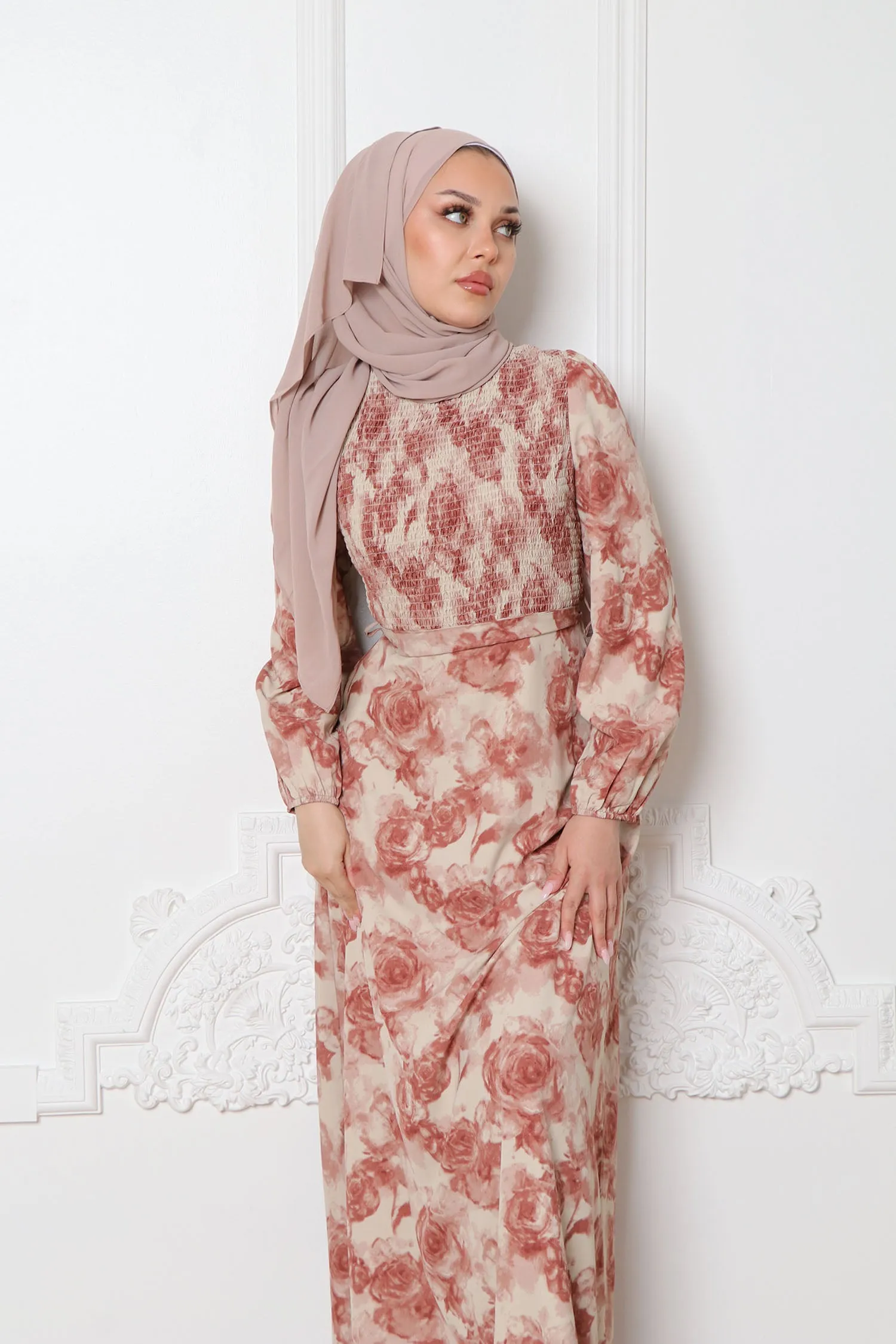 Raven Floral Shirred Dress- Pink