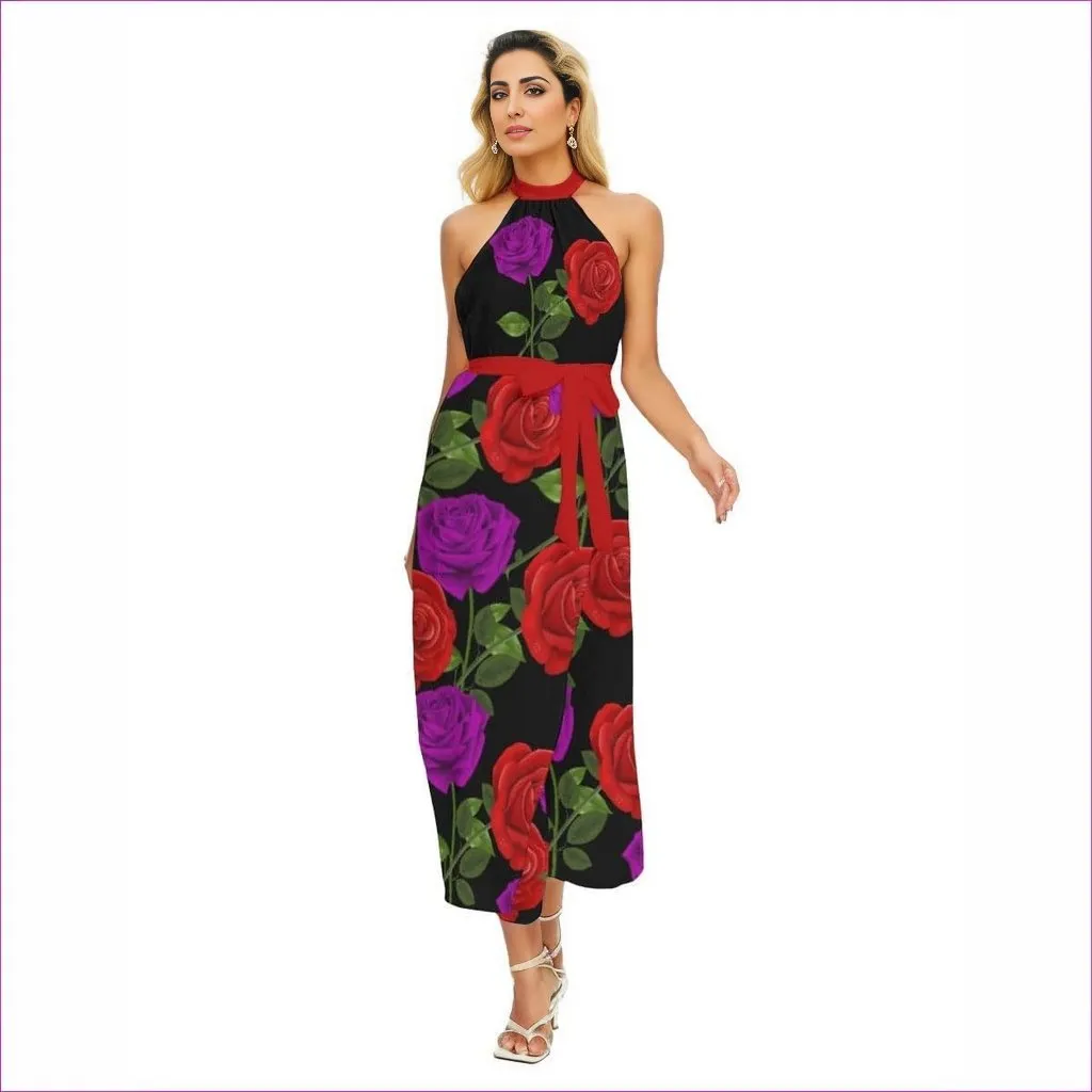 Red Rose Purp Women's Black Wrap Hem Belted Halter Dress