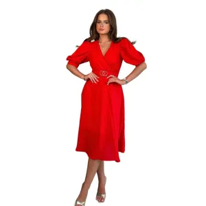 Red Wrap Top Midi Dress With Gold Accent Buckle and Puff Sleeves