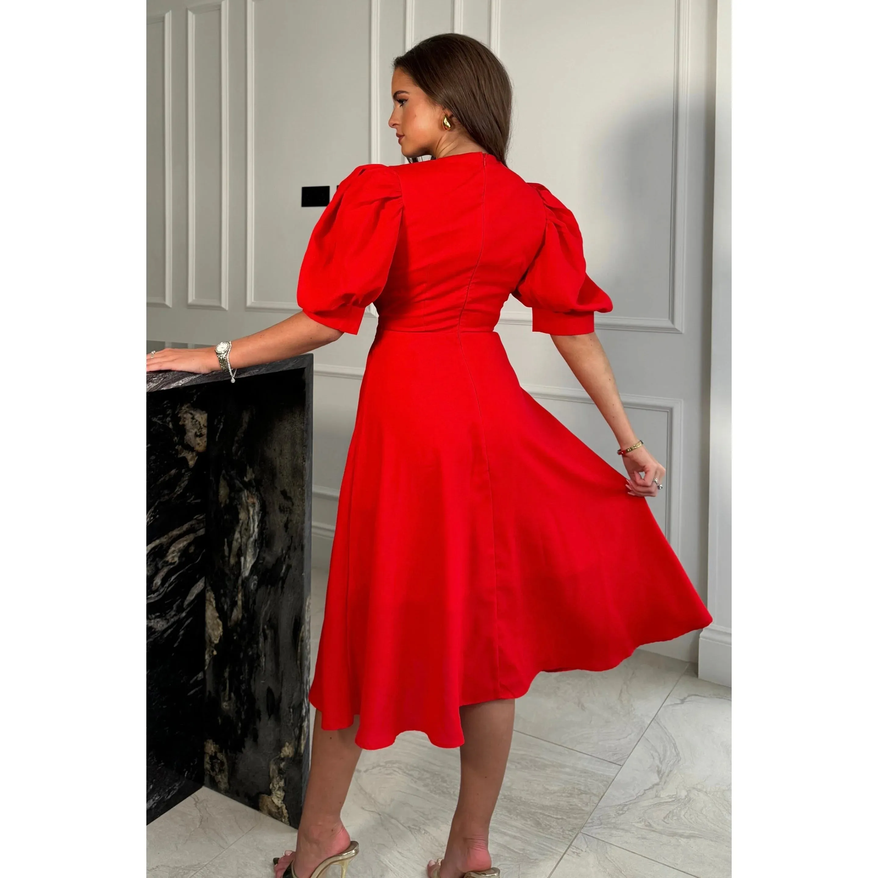 Red Wrap Top Midi Dress With Gold Accent Buckle and Puff Sleeves