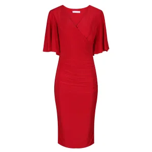 Red Wrap Top Slinky Cocktail Wiggle Dress w/ Butterfly Sleeves