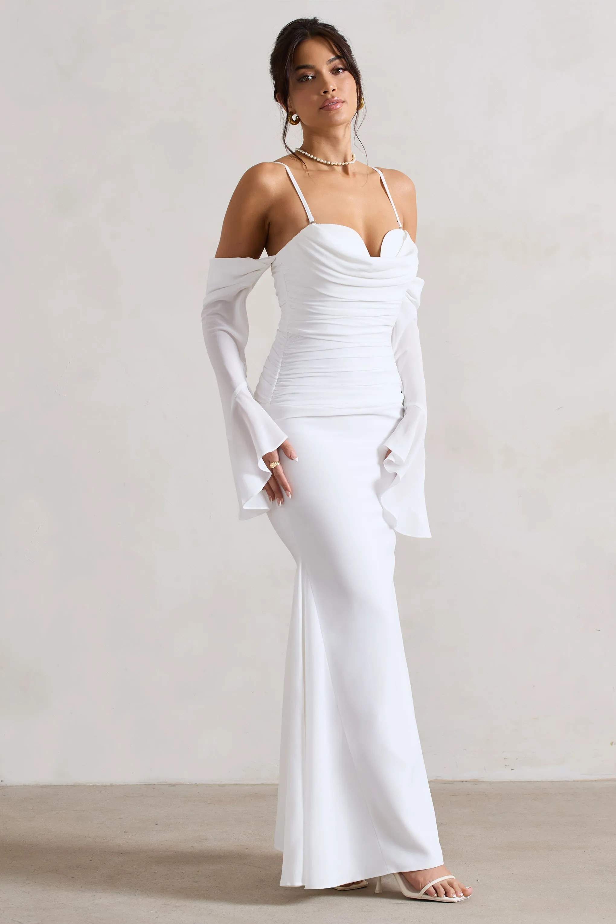 Rhiannon | Cream Draped Flared-Sleeve Fishtail Maxi Dress