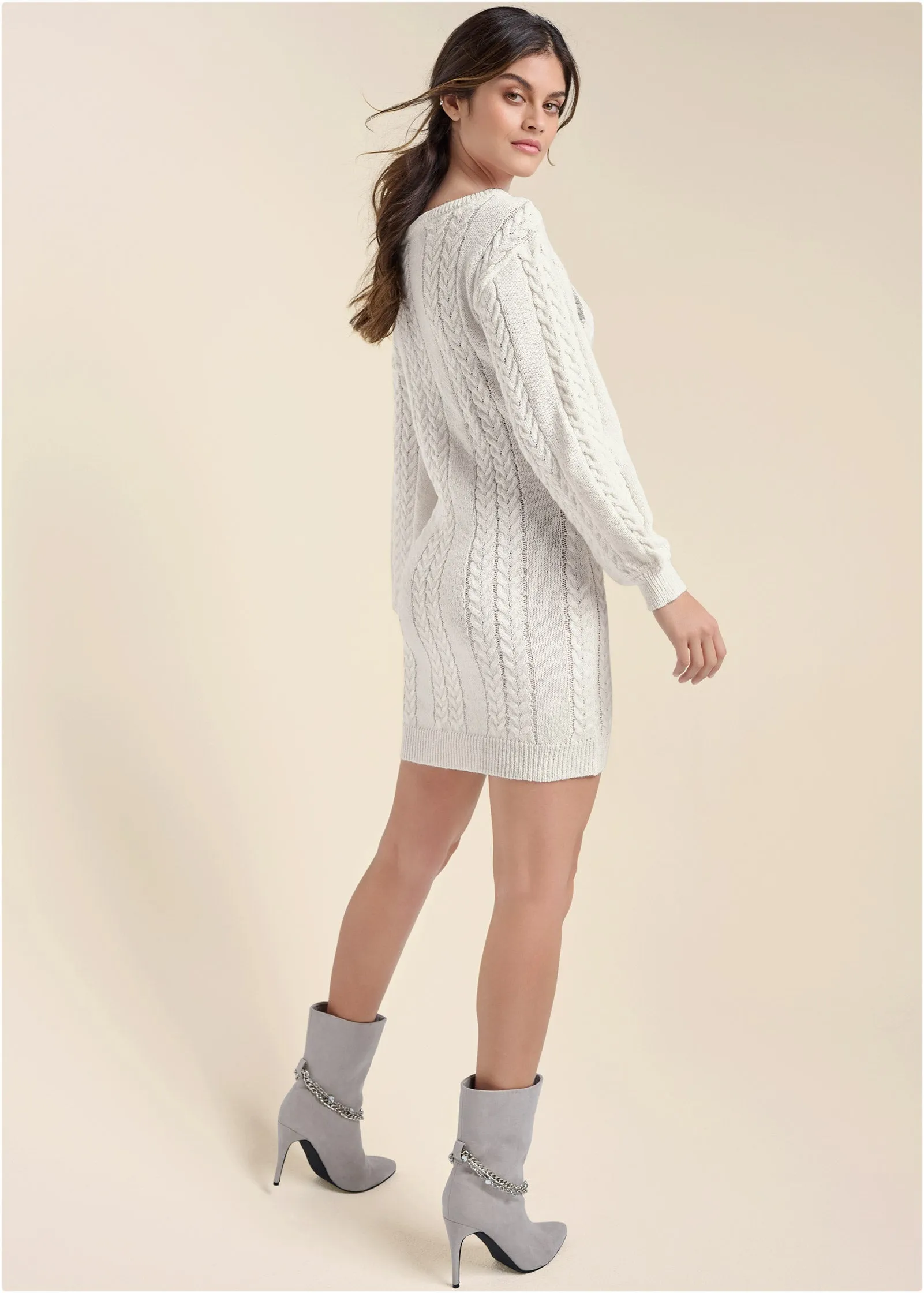 Rhinestone Embellished Sweater Dress  - Off White