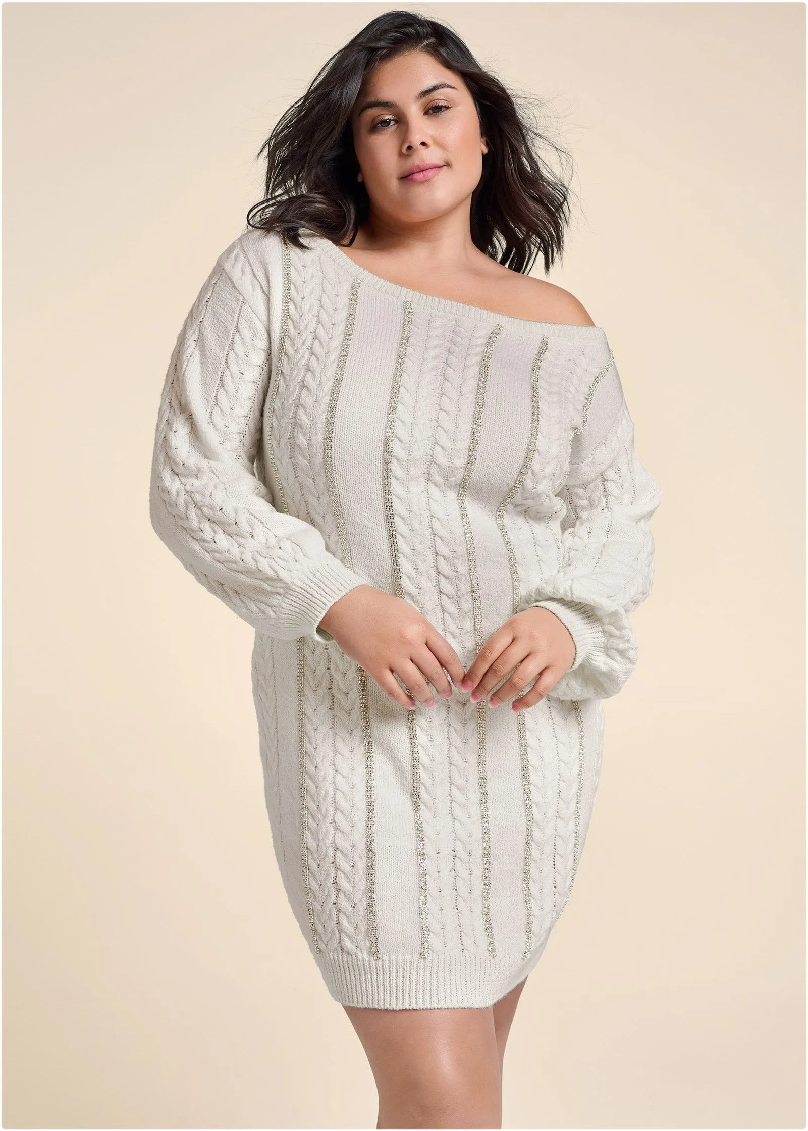 Rhinestone Embellished Sweater Dress  - Off White