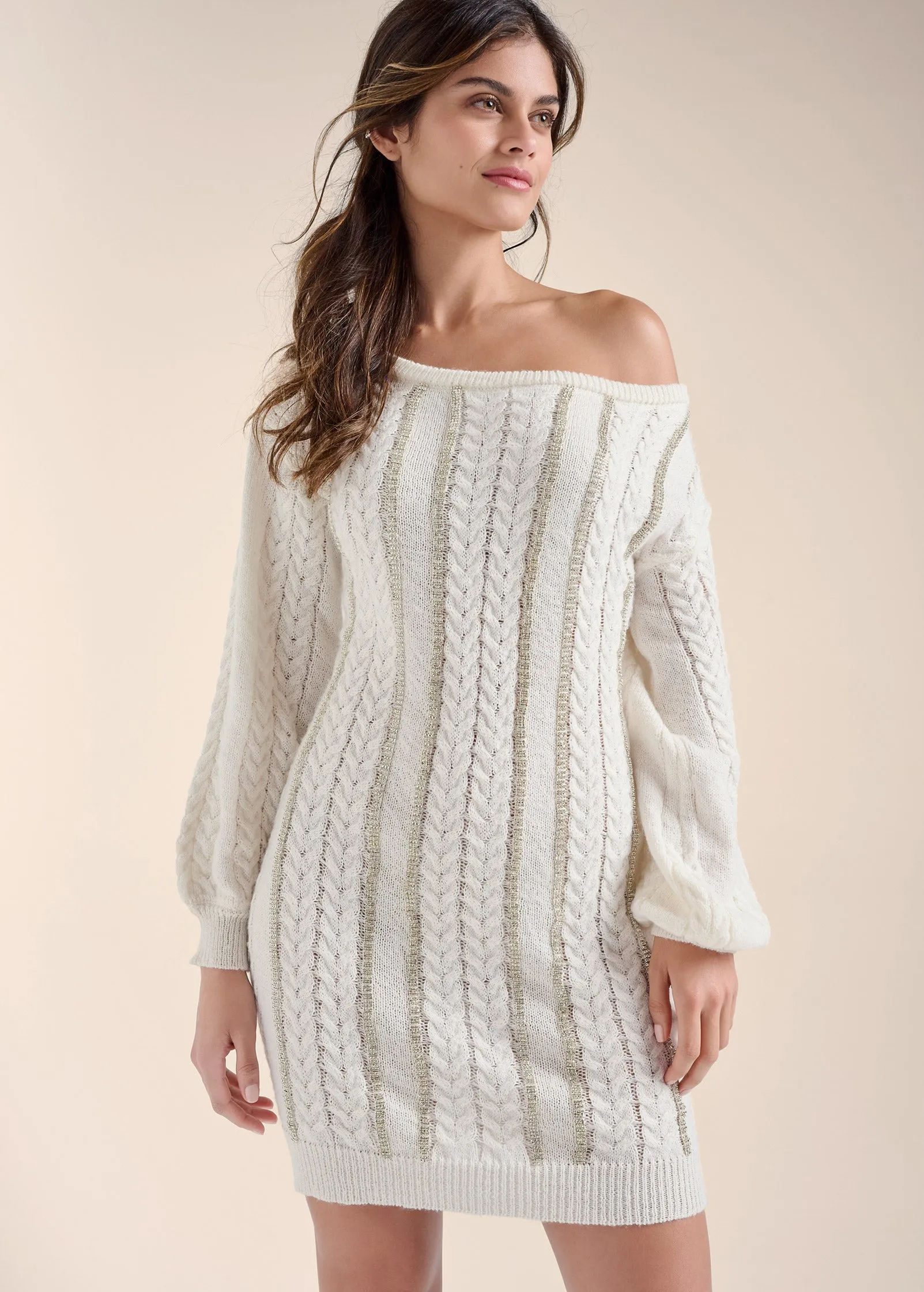 Rhinestone Embellished Sweater Dress  - Off White