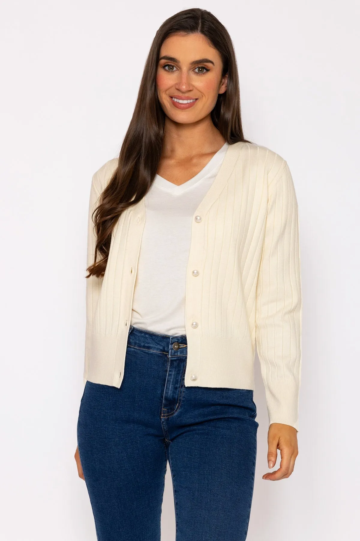 Rib Crop Cardigan in Ecru