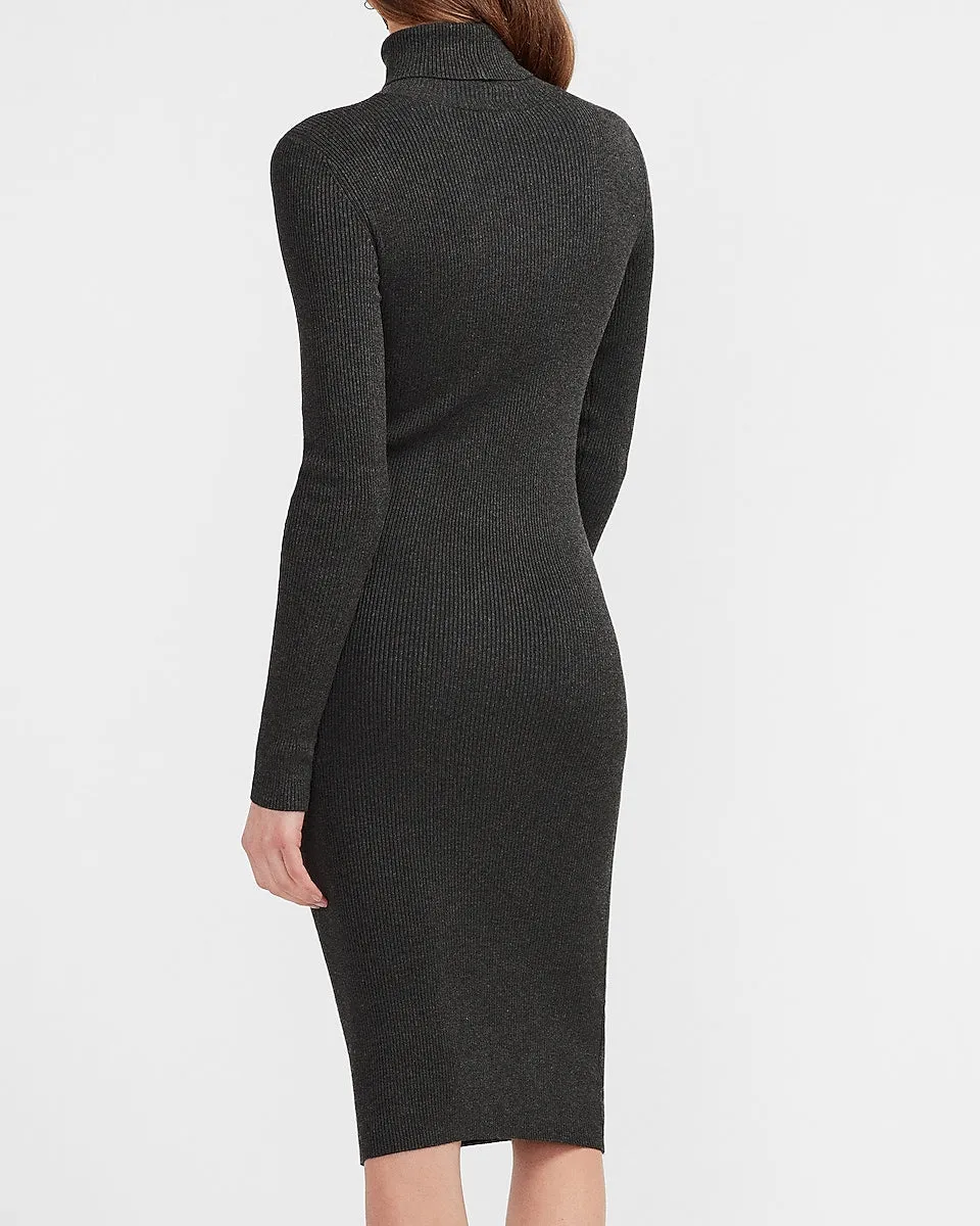 Ribbed Turtleneck Midi Sweater Dress in Charcoal Gray